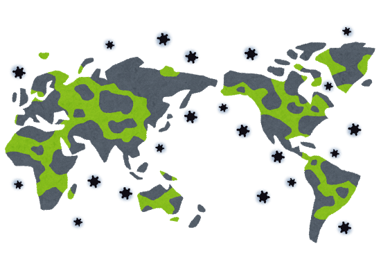 世界的に大流行している感染症のウイルス広まっていく様子が描かれた、パンデミック（伝染病）のイラスト