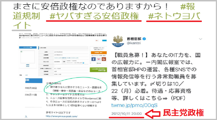 野党支持者「室井佑月さん！安倍政権の官邸アカウントがネトウヨバイトを募集してるよんですよ！」←日付は2012年、民主党政権でした