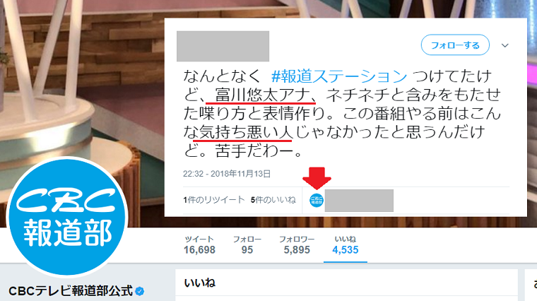 新事実発覚！CBCテレビ報道部公式「報ステ富川アナ気持ち悪い」「ネトウヨが静かね。」←これにいいねしたヤツが和田政宗氏を中傷？
